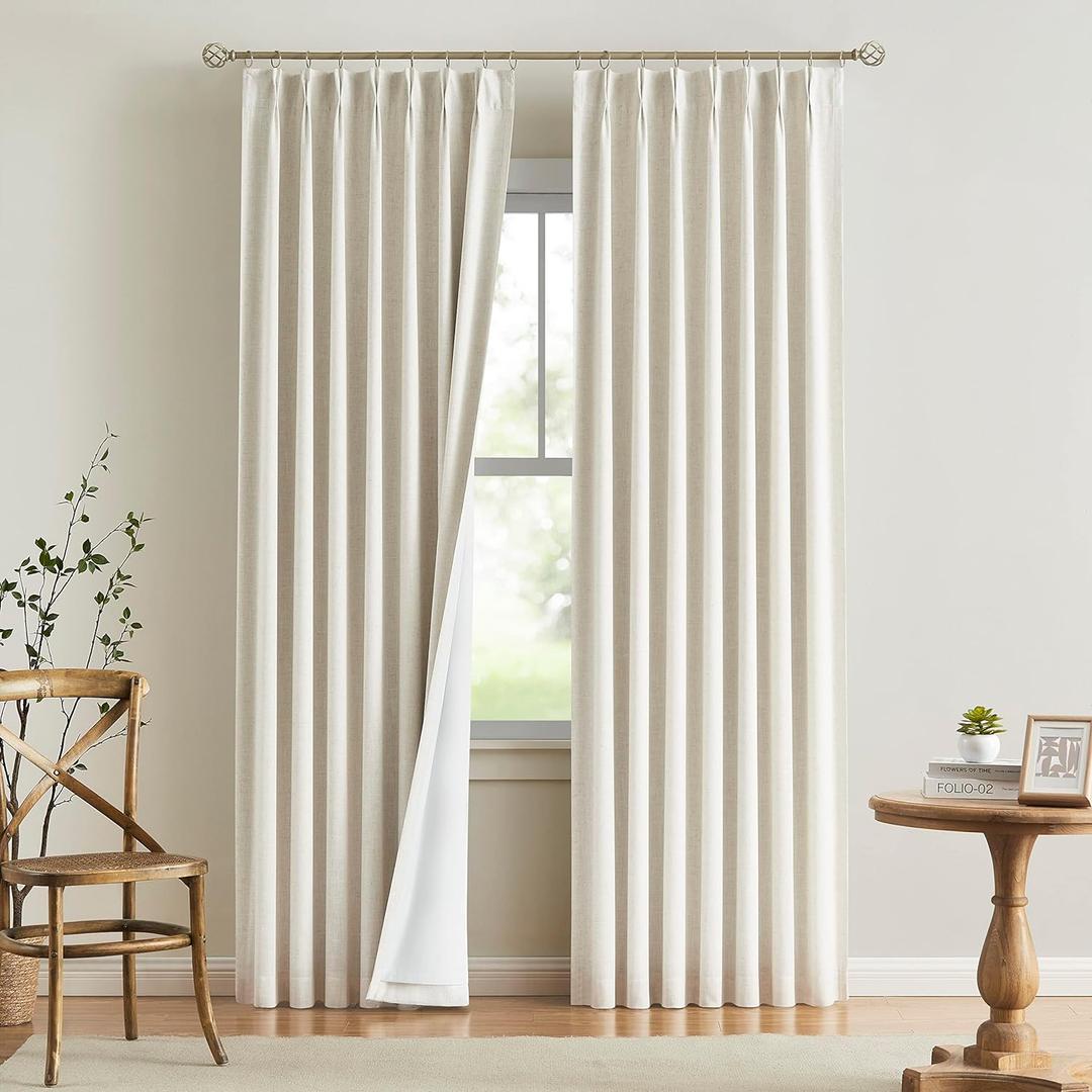 Vision Home Natural Pinch Pleated Full Blackout Curtains Linen Blended Room Darkening Window Curtains 95 inch for Living Room Bedroom Thermal Insulated Pinch Pleat Drapes with Hooks 2 Panel 40"Wx95"L