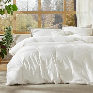 Bedsure 100% Stone Washed Cotton Duvet Cover Queen Size - White Minimalist Cotton Duvet Cover Linen Like for All Seasons - GentleSoft Plain Simple Bedding (White, Queen, 90"x90")
