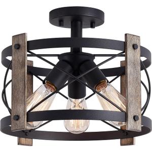 Bargeni Flush Mount Light Fixture,13-inch Rustic Ceiling Light Fixture,Matte Black Finish,3-Light Farmhouse Light Fixtures for Living Room,Kitchen,Bedroom,Dining Room,Foyer,Hallway
