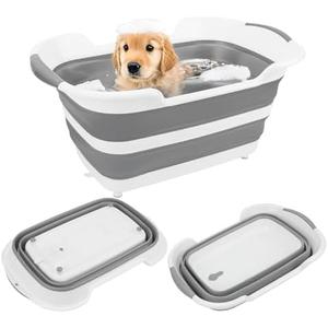 7.1 Gal/27L Multipurpose Collapsible Dog Bathtub, Raised Small Pet Bathtub with Drainage Hole and Pet Hair Collector, Portable Dog Bath Tub for Puppy Cats Space Saving Laundry Basket Organizer