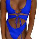 CHYRII Women's Sexy Cutout Lace Up Backless High Cut One Piece Swimsuit Monokini (Large, Royal Blue)