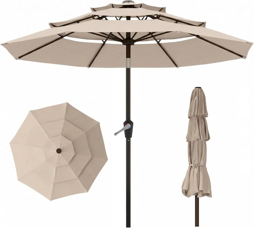 10ft 3 Tier Patio Umbrella, Outdoor Market Table Umbrella with UPF 50+ Vented Canopy, 8 Sturdy Ribs, Easy Push Button Tilt and Crank, Windproof for Deck, Pool, Backyard and Garden