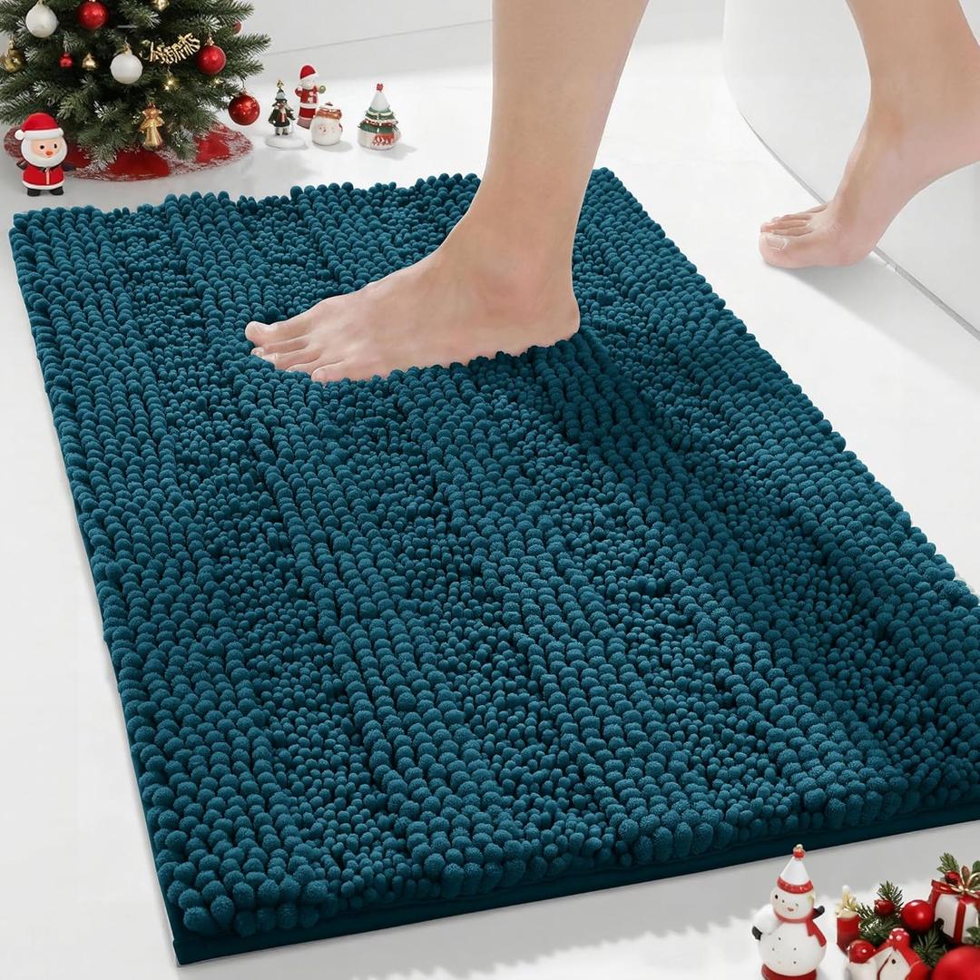 Yimobra Bathroom Rug Mat, Non Slip and Super Absorbent Bath Mat, Machine Washable Quick Dry, Ultra Plush Chenille Shower Rugs for Bathroom Floor Sink Tub and Shower Outside, Peacock Blue, 24 x 17