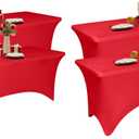 Red Stretch Table Skirt/Tablecloth Size 2.5ft (Width)×6ft (Length) Skirt Drop Length:2,5ft Highly Stretchable material Flexible & Snug Fit Perfect for parties, events Decor 4 pieces