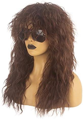 Askuang 80s Rock Mullet Wigs for Men and Women Long Brown Curly Wig 70s 80s Costumes for Men Women Halloween Cosplay Party Wigs