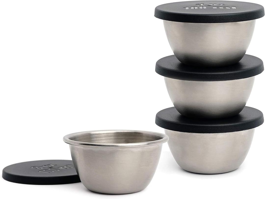 RSVP International Kitchen Prep Bowl Collection, Stainless Steel, Dishwasher Safe, Cup & Lid, 4 Piece, 3-ounce