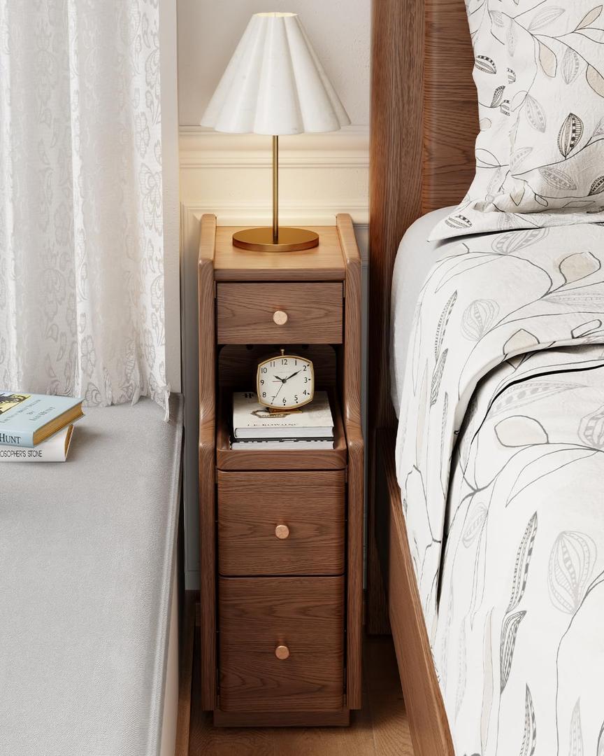 Narrow Nightstand with 3 Drawers,Solid Wood Narrow Bedside Table Walnut, Modern Skinny Nightstand for Bedroom(Fully Assembly), 15.75"D x 7.87"W x 23.62"H