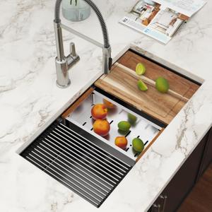 Black Undermount Kitchen Sink 33 Inch Stainless Steel Workstation Kitchen Sinks Single Bowl Gunmetal Black Nano PVD 16 Gague Handmade Large Deep Sinks 33" x 19" x 9"