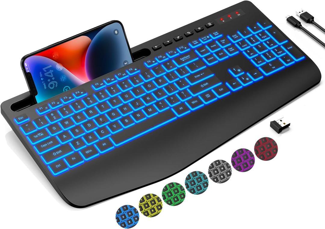 Trueque Wireless Keyboard with 7 Colored Backlits, Wrist Rest, Phone Holder, Rechargeable Ergonomic Keyboard with Silent Light Up Keys, Cordless Computer Keyboard for Windows, Mac, Laptop