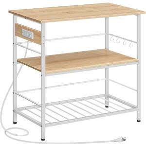HOOBRO Kitchen Island with Storage, Kitchen Island Table with Power Outlet, 3 Tier Coffee Station and Microwave Stand, for Home, Kitchen and Dining Room, Natural and White WN021ZD01
