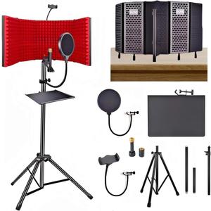 SYLPHID Microphone Isolation Shield with Pop Filter & Stand and Phone Clip, Foldable Triple Layer Sound Proofing, Studio Mic Cover for Recording, Podcasting, Streaming, Singing, YouTube Videos Red