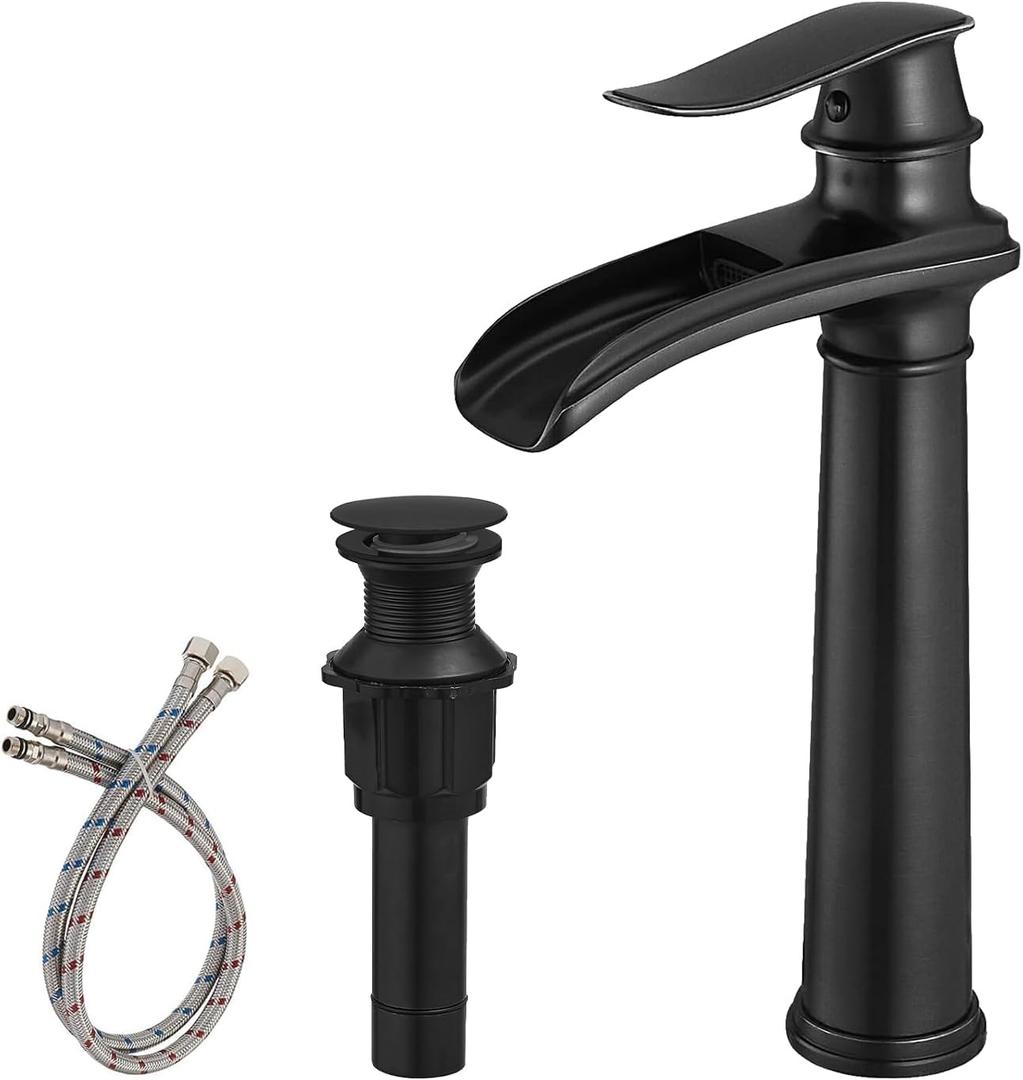 BWE Vessel Sink Faucet Waterfall Matte Black Bathroom Faucets Single Hole Single Handle Bathroom Sink Faucet Tall Vessel Faucet with Pop Up Drain and Water Supply Line (11.81 inch Vessel Version)