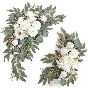 Piklado Faux Arch Flower Swag Set of 2 for Wedding Welcome Signs Floral Swag Wedding Reception Ceremony Signs Decor (White)