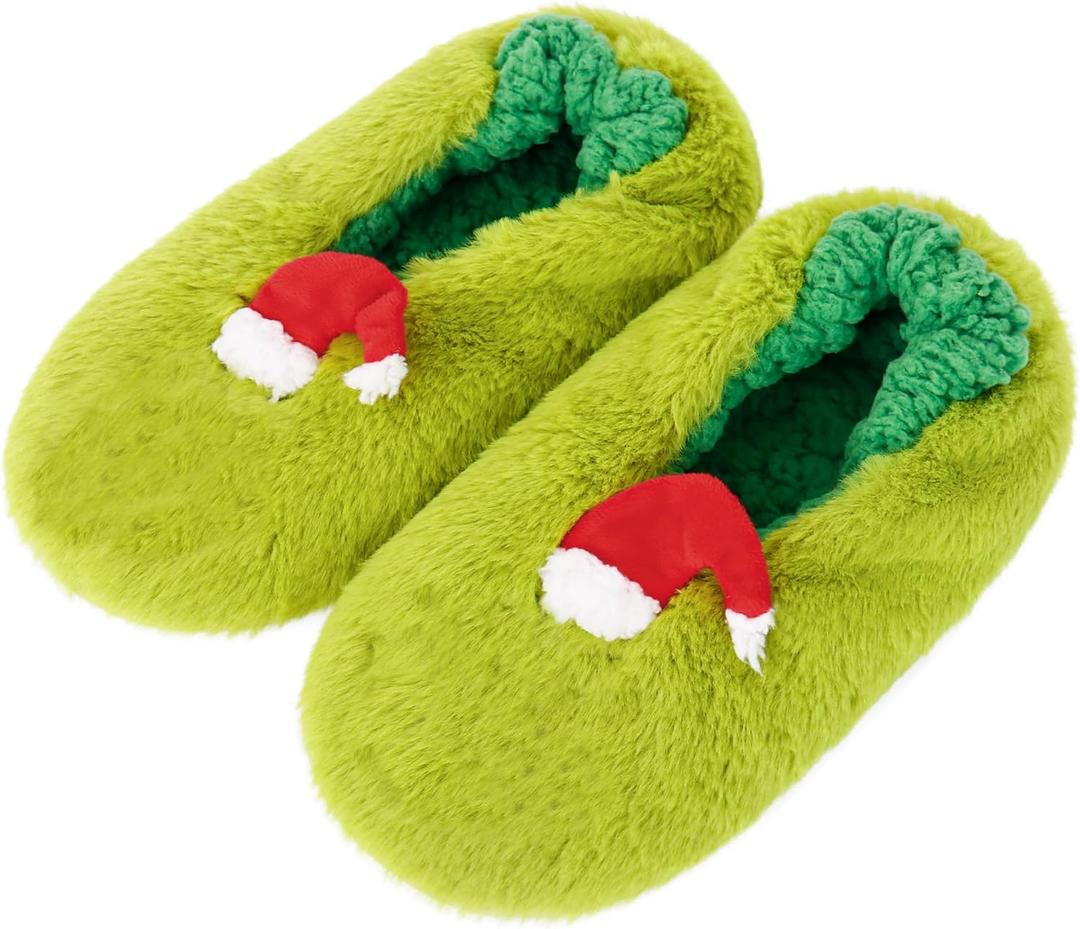 Univive Christmas Slipper Sock with Grips Green Fuzzy Socks with Non Skid Bottoms Thick Warm Socks Winter House Bedroom for Women (Green4) (Green)