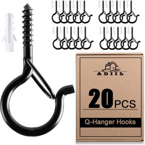 ADIIL 20 PCS Q Hanger Hooks with Safety Buckle, Windproof Screw Hooks for Hanging Outdoor String Lights, Plants, Christmas Patio Lights, 2.2 Inches, Black