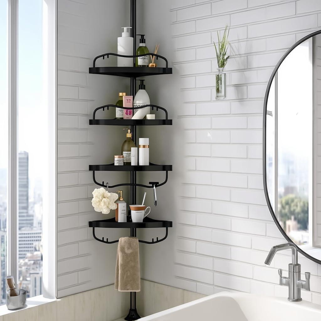 Corner Shower Caddy Tension Pole - Heavy Duty Floor to Ceiling Shower Organizer Tension Pole with 4 Shelves,54"-114 Adjustable Rustproof Stand Rack for Bathtub,Bathroom,Dorm,RV - Black