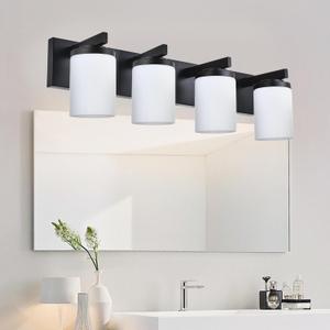 BONLICHT Bathroom Light Fixtures 4 Light Modern Vanity Lights Over Mirror with Opal White Glass Shade, Black Sconces Wall Lighting Farmhouse Wall Mount Lamp for Living Room Hallway Cabinet
