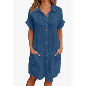 Tshirt Dress with Pockets Womens Button Down Shirt Dress Summer Shorts Sleeve Cotton Linen Casual Midi Dress, 2XL, Blue 