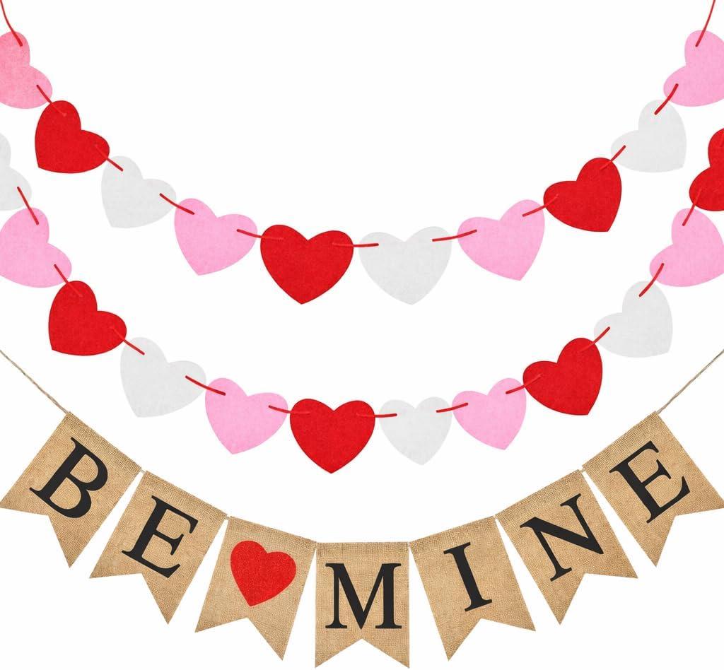 GCQQ Valentine Day Banners - No DIY Felt Heart Garland and Be Mine Burlap Banner Romantic Be Mine Banner Heart Garlands for Mantle, Fireplace, Wall Proposal Valentines' Day Decor (Red)