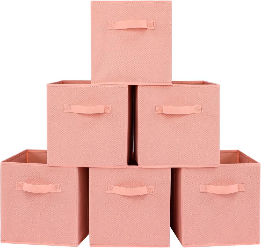 Stero Fabric Storage Bins 6 Pack Fun Colored Durable Storage Cubes with Handles Foldable Cube Baskets for Home, Kids Room, Closet and Toys Organization Peachpuff