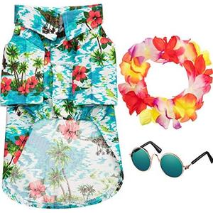 3 Pieces Small Dog Hawaiian Costume Puppy Halloween Cool T-Shirts Summer Clothes with Retro Sunglasses and Colorful Wreath Hawaiian Shirts Costume for Dogs Pet(Green Series) S/M