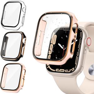 Tensea [2Pack for Apple Watch Screen Protector Case Series 9 8 7 45mm, iWatch Protective Face Cover, Tempered Glass Film Hard PC Bumper for Women Men, Ultra-Thin Guard 45 mm (Clear/Black-Rose Gold/Pink-Rose Gold)
