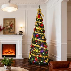 JOYHALO Pre Decorated Pop Up Christmas Tree 7ft with 200 Warm White and Multicolor Lights, Easy Setup Artificial Folding Pre Lit Tinsel Christmas Tree, Collapsible Xmas Tree for Holiday Party Golden