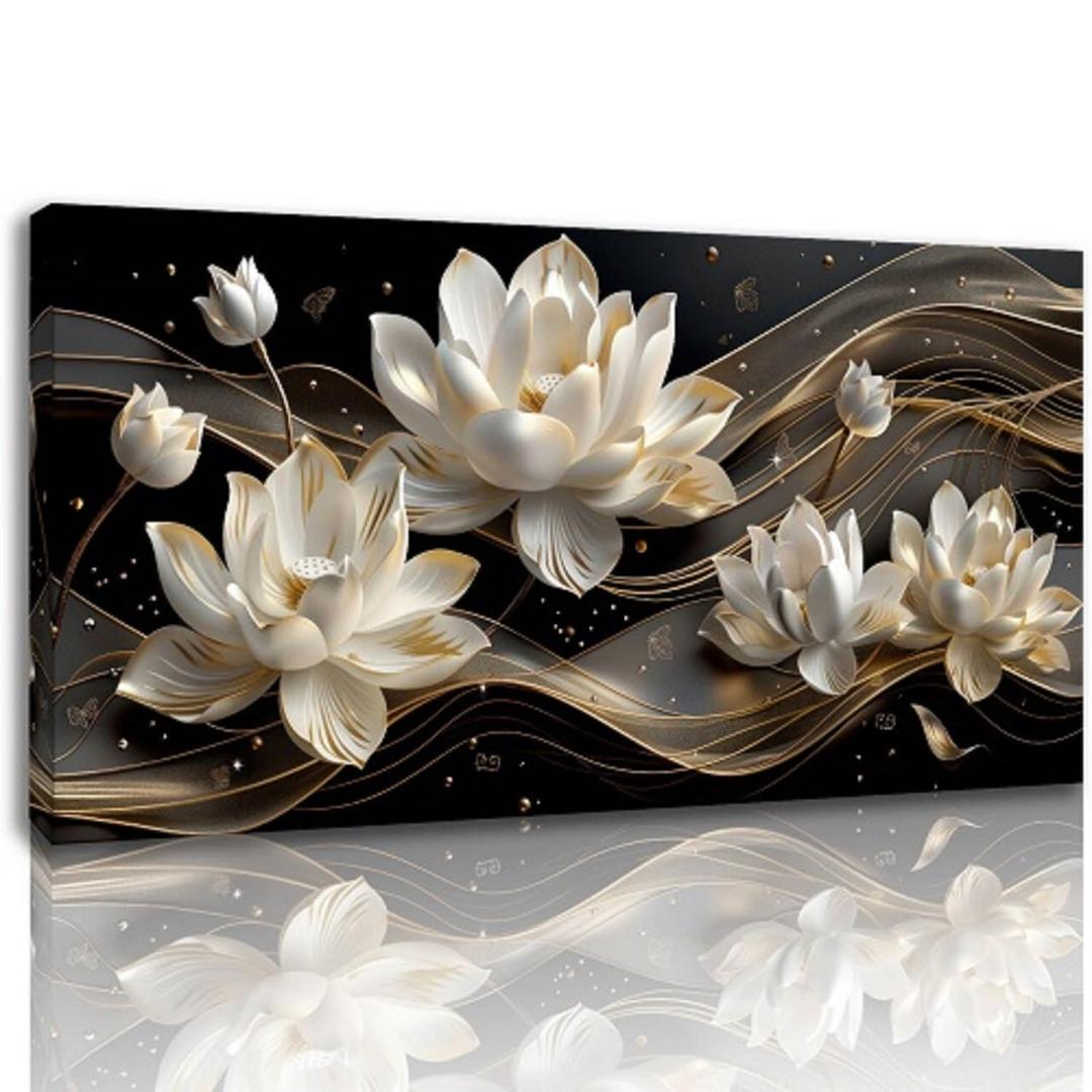 Bamdeya Abstract Wall Art Living Room Large Canvas Pictures White Flower Wall Art Petals Poster Browm Artwork for Walls Bedroom Wall Decor Modern Framed Bathroom Office Home Decorations