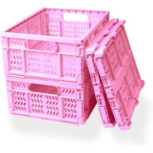 20L Folding Crate, 4Pack Plastic Storage Baskets Organizer for Home and Office,Collapsible Storage Crates for Home Office and Outdoor Organizer.(Pink)