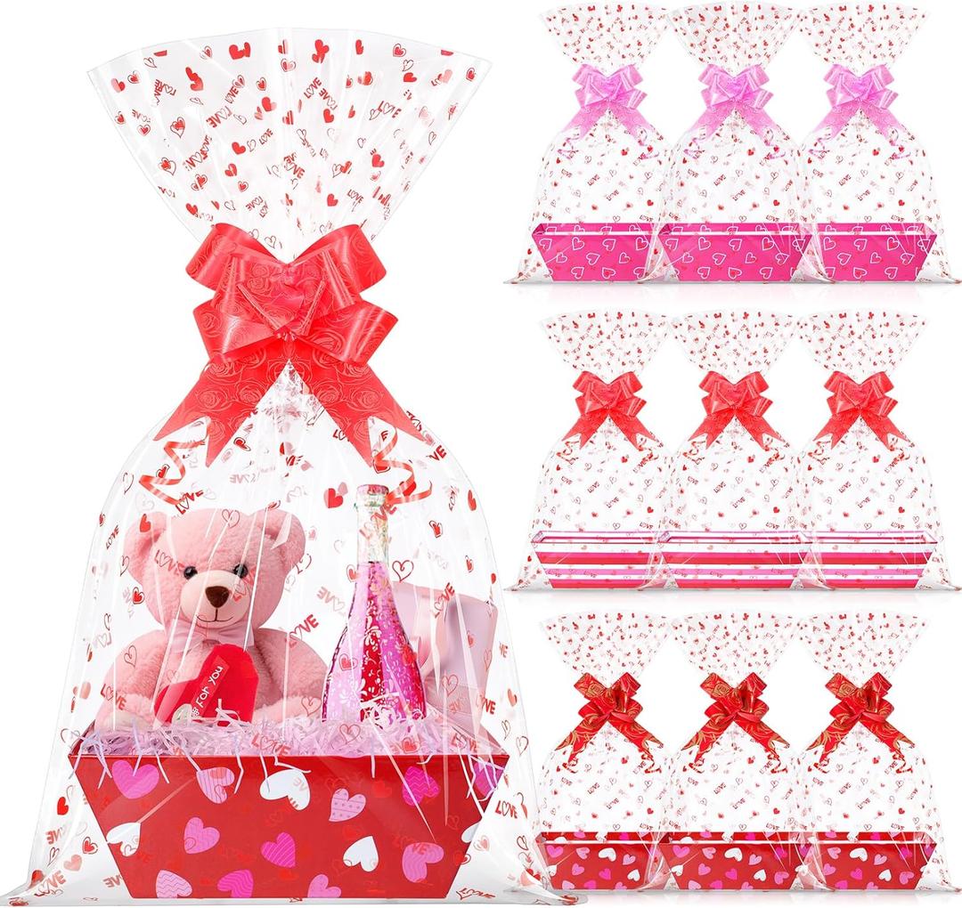 12 Sets Valentines Day Gift Basket Empty with Heart Printed Cellophane Basket Bags, Cardboard Valentine Gift Basket Empty to Fill with Bows Ribbons for Valentines Day Wedding Anniversary Party