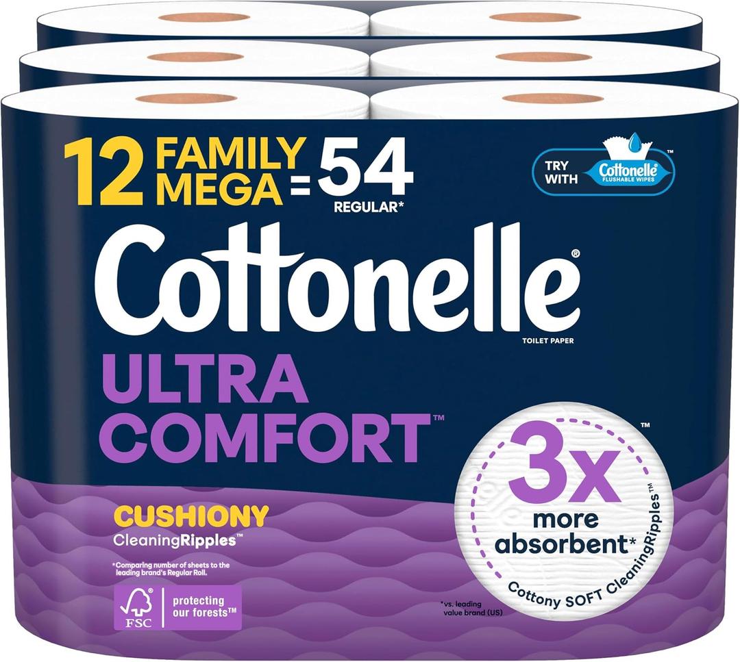 Cottonelle Ultra Soft Toilet Paper, 12 Family Mega Rolls = 54 Regular Rolls