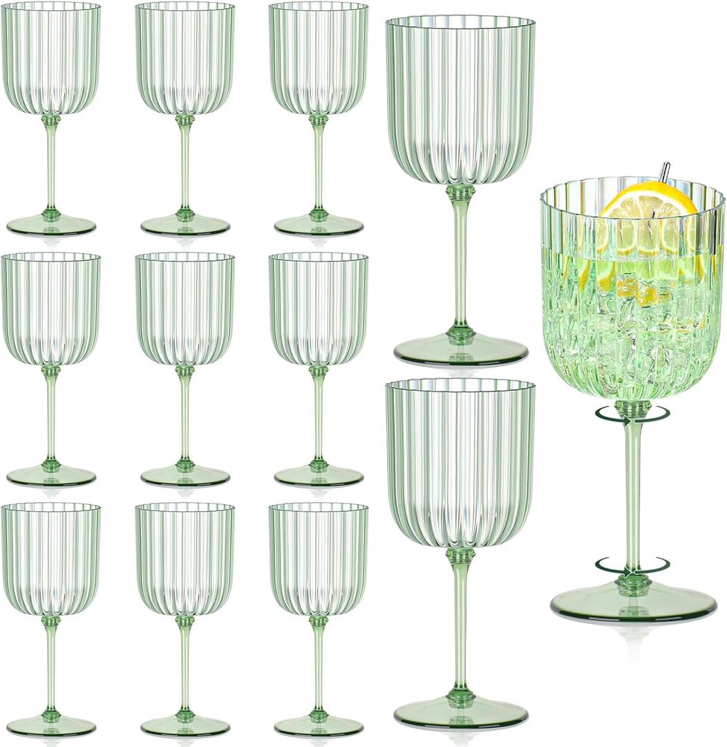 12 PCS Plastic Ribbed Glasses 11oz Green Detachable Goblet Unbreakable Vintage Ripple Water Goblets Cocktail Drinking Cups for Parties Weddings Poolside Outdoors