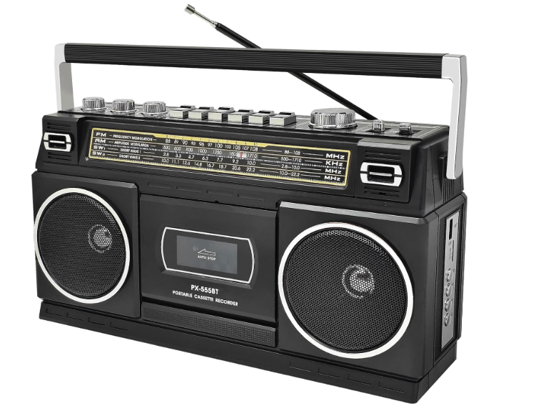 Cassette Player Boombox with Bluetooth, AM/FM/SW Radio & Record to USB, 24W Stereo Sound, 4 Power Modes, Portable Retro Stereo for Indoor Outdoor, Classic Black