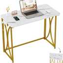Folding Desk, 31.5" Small Desk for Bedroom with Power Outlet, Space Saving Foldable Computer Desk for Home Office, Easy Assembly, White and Gold, medium size02