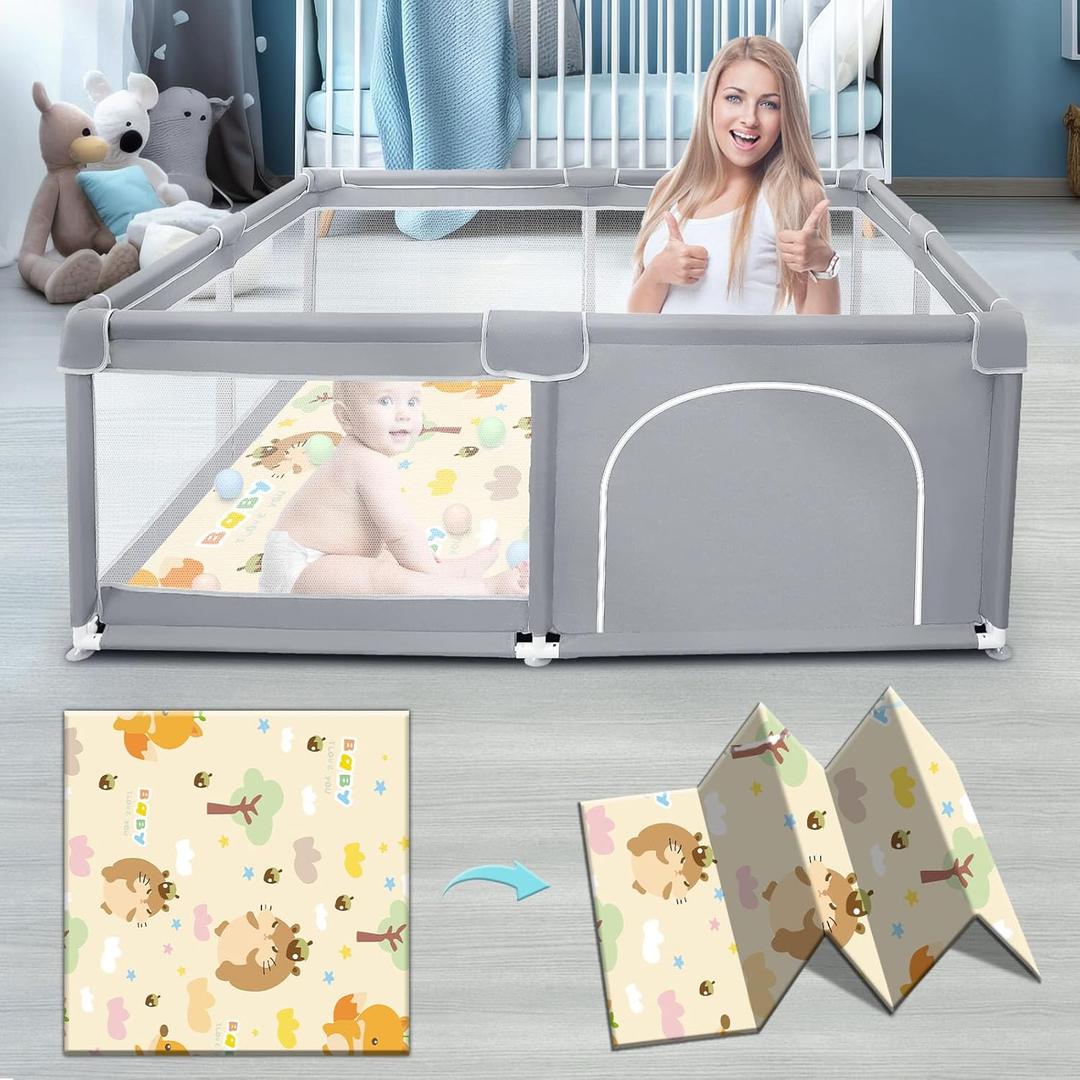Baby Playpen with Mat, Playpen for Babies & Toddlers, Sturdy Safety Play Yard with Soft Breathable Mesh, 50 * 50 * 27 inches Grey