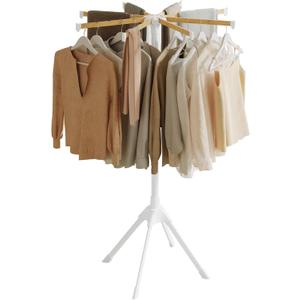 SONGMICS Clothes Drying Rack, with Bamboo Hanging Rods, Foldable Metal Laundry Rack, Space-Saving, Free-Standing Airer, Indoor Use, White and Natural ULLR516W01
