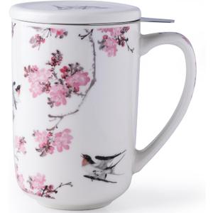 AmorArc Porcelain Tea Mug with Infuser and Lids, 18 Oz Coffee Cup Strainer with Bag Holder for Loose Leaf Tea, Steeping Coffee Mug for House-warming Wedding Birthday Gift (Peach Blossom)