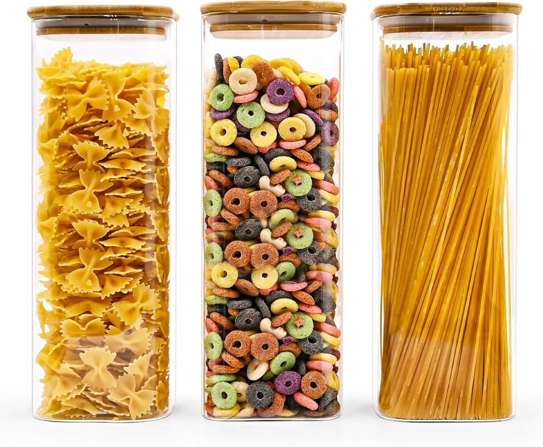 SHOWIN Glass Pasta Storage Jars Square 73oz, 3 Pack Glass Jars With Bamboo Lids, Tall Kitchen Storage Containers For Pasta, Storage For Pantry Organizers