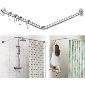 L Shaped Shower Curtain Rod, Adjustable (23.6"-52.4" x 23.6"-52.4"), Corner Shower Curtain Rod, Genuine 304 Stainless Steel, Unsagging, Drill-Free, 90 Corner Design, Includes 12 Shower Curtain Rings