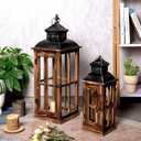 Large Farmhouse Decorative Wooden Lanterns Set of 2, Rustic Burnt Wood Floor Lanterns, Indoor/Outdoor Hurricane Lanterns for Home Decor (No Glass)