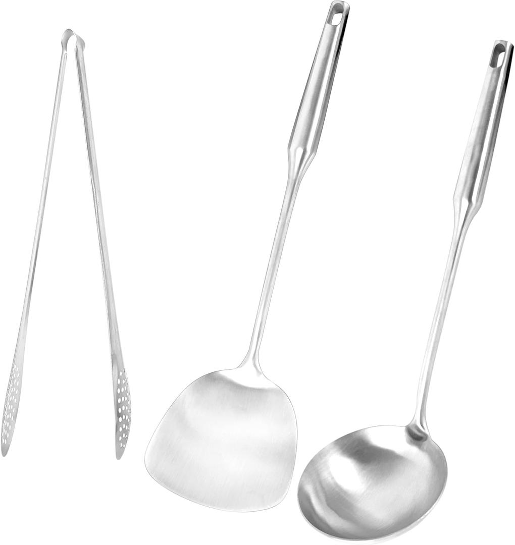 3-Piece Modern Stainless Steel Kitchen Utensil Set - Spatula, Ladle and Tongs - Long Handle Heat Resistant Grip - Non-Stick Cookware Set