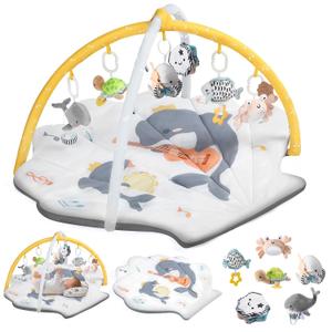 Shell Baby Play Mat, Play Mat for Babies 0-6 6-12 Months, Tummy Time Mat w 6 Detachable Toys, Enlarged Infant Activity Mat for Sensory & Motor Skill Development Boho Ocean Theme Baby Play Gym (White)