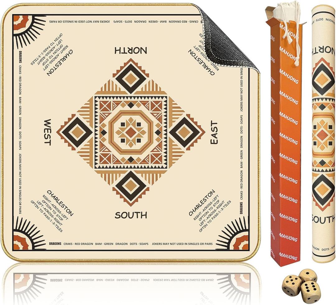 Portable Mahjong Mat with Rules (33"x33"), Ethnic Style Game Mat Noise Reduction Non-Slip, No Creases Rubber Table Mat Cover with Drawstring Bag & 3 Dice for Poker, Card, Tile & Board Game
