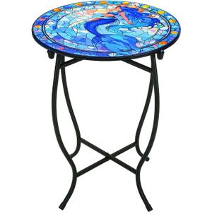 Indoor Outdoor Metal Round Side Table, 14 Inch Round Patio Coffee Bistro Table, Weather Resistant Black Metal Side Table for Patio Balcony Yard Porch Garden, Plant Stand for Indoor Outdoor Use (Fish)