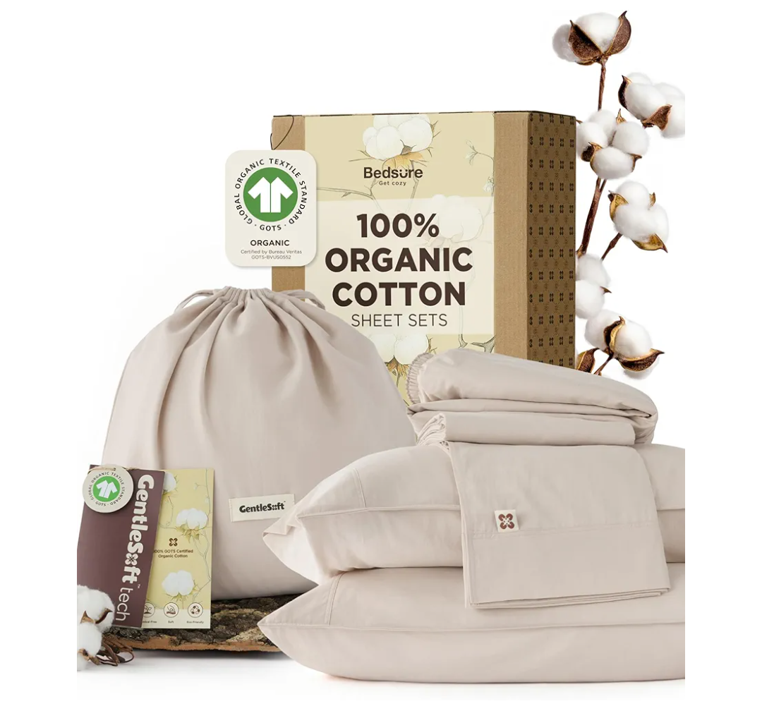 Bedsure 100% GOTS Organic Cotton Sheets, Fair Trade Certified Queen Bedding Set, Eco-Friendly, Soft, 17 inches Deep Pocket Queen Sheet, Sateen Weave Cotton Luxurious Hotel Bed Set, Linen