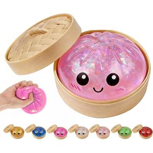 Dumpling Squishies, Glitter Dumpling Mystery Box, Colorful Dumplings Stress Balls Fidget Sensory Toy, Stocking Stuffers with Food Steamer Stretchy Desk Toys (Glitter Pink)