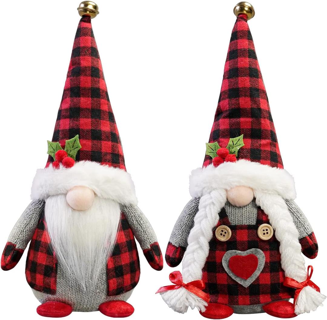 Christmas Gnomes Plush with Red Buffalo Check,2 Pack Handmade Christmas Valentine Tomte Swedish Scandinavian Figurine Nordic Gnomes Plush Christmas Elf Doll Xmas Ornaments for Home Decor