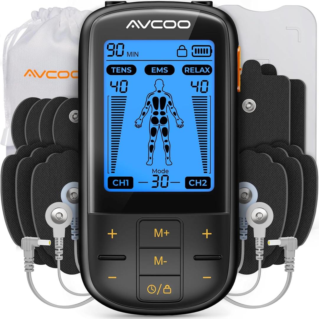 AVCOO 3in1 TENS Unit Muscle Stimulator with 30 Modes, 40 Intensities TENS Machine for Gradual Back Pain Relief Therapy, Rechargeable EMS Unit Massager with 12 TENS Electrode Pads, a Storage Bag