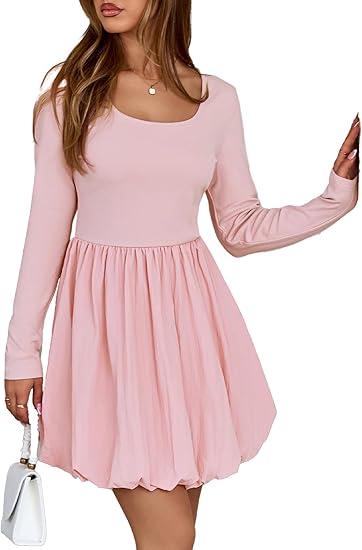 BLENCOT Dresses for Women Fall Long Sleeve Square Neck Bubble Party A Line Mini Dresses XL