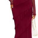 MEROKEETY Women's Fall Cowl Neck Mesh Maxi Dress Ruffle Wedding Guest Dress (Red, S)